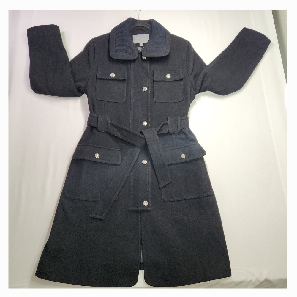 ⭐️Apt 9 Black Wool Blend Military Trench Coat Belted Peacoat Jacket Large